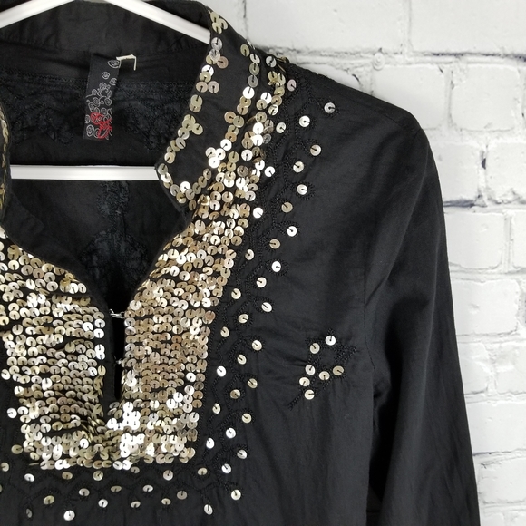 ENTRO | linen blend sequin mock collar blouse - Picture 2 of 6